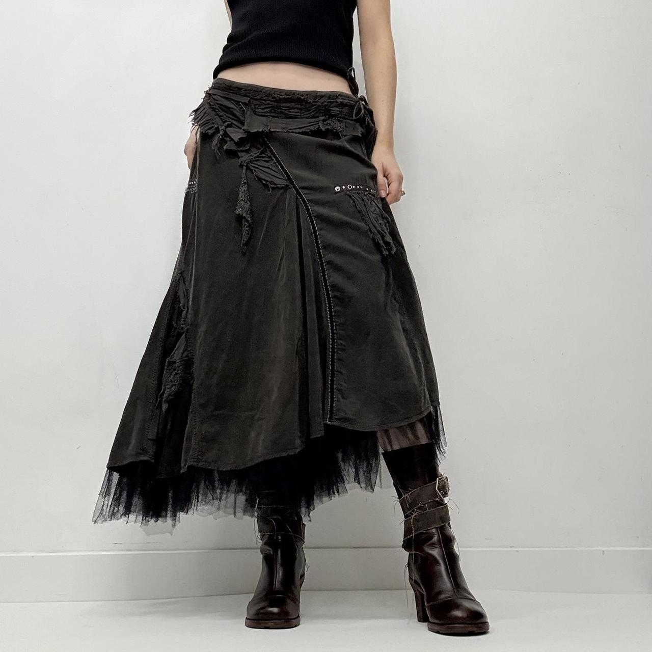 Khaki asyemmetric distressed grunge midi skirt