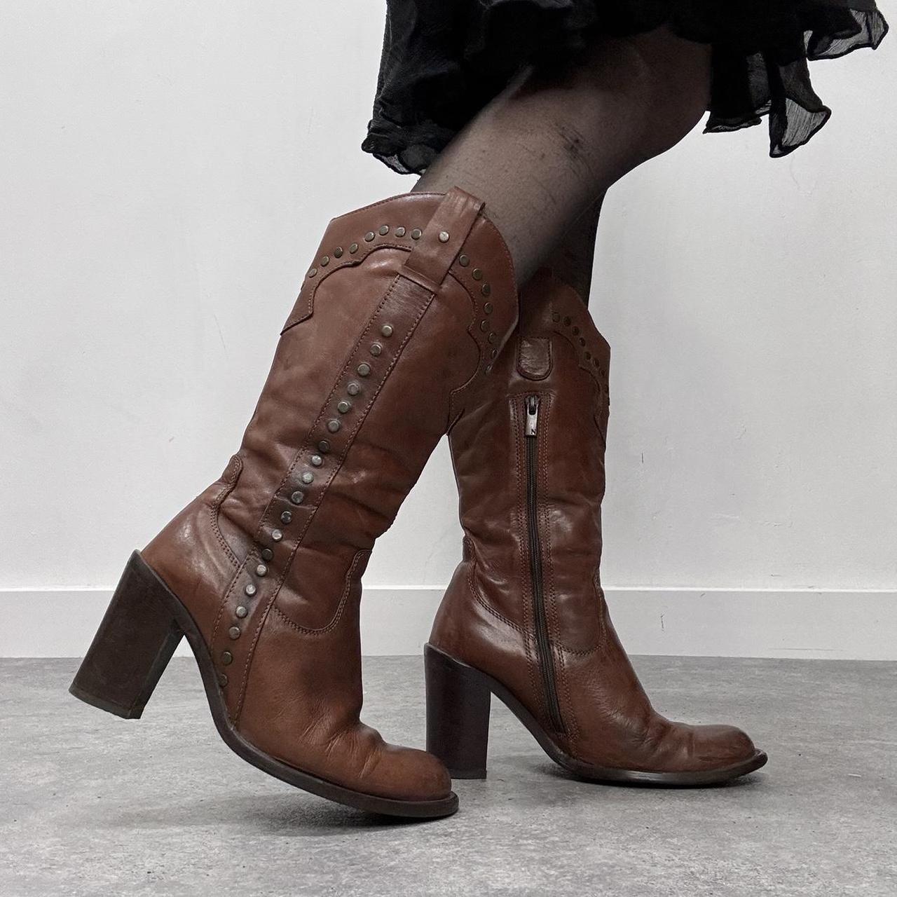 Brown leather studded boots