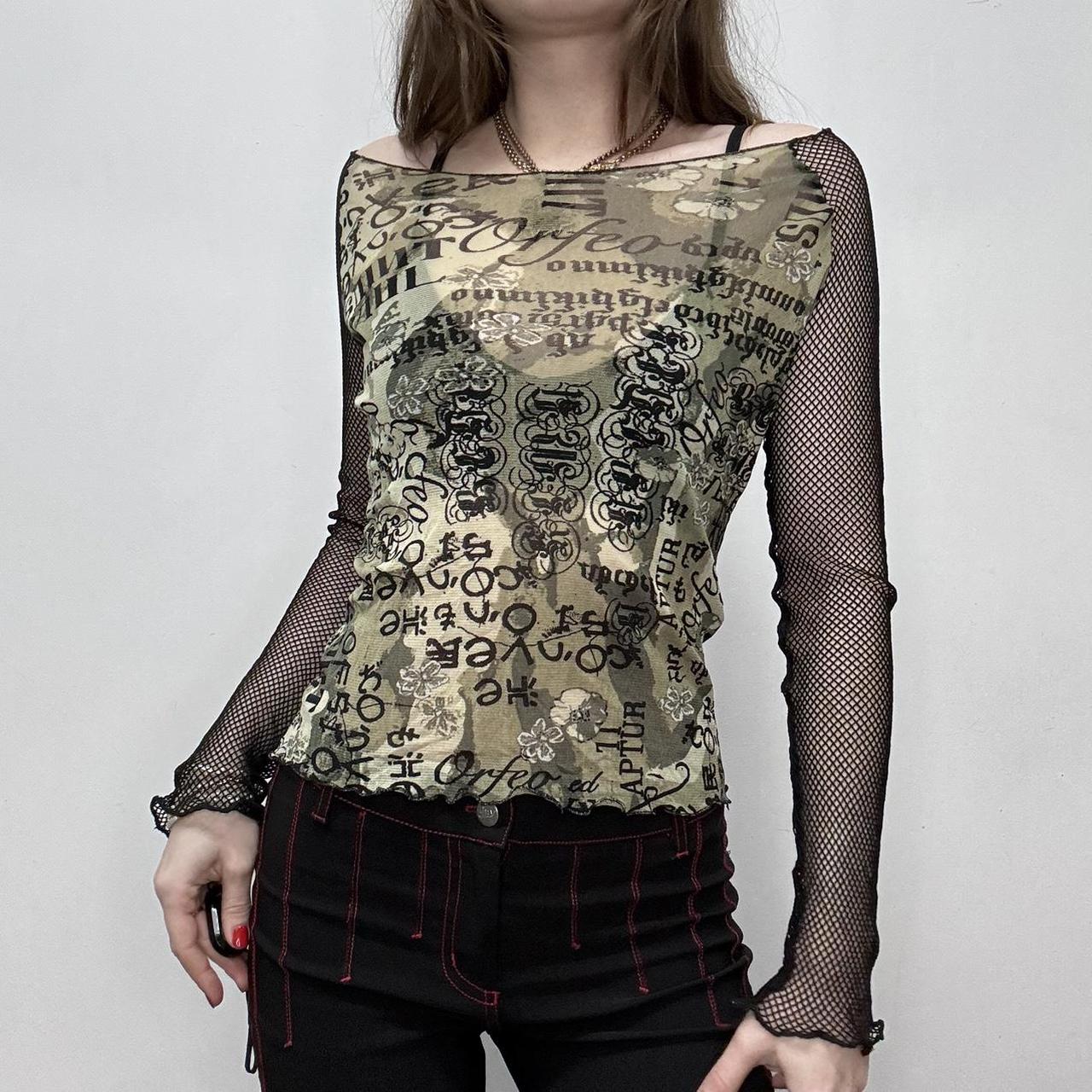 Y2k sheer graphic printed fishnet top