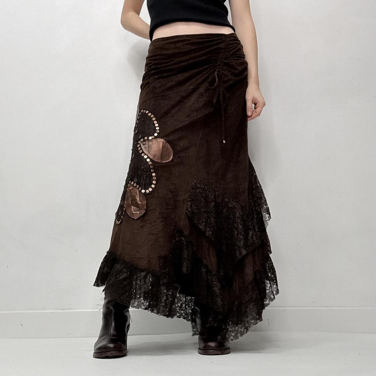 Brown lace ruffle grunge skirt