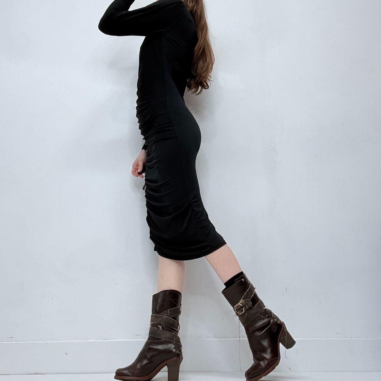 Asymmetric black pleated midi dress
