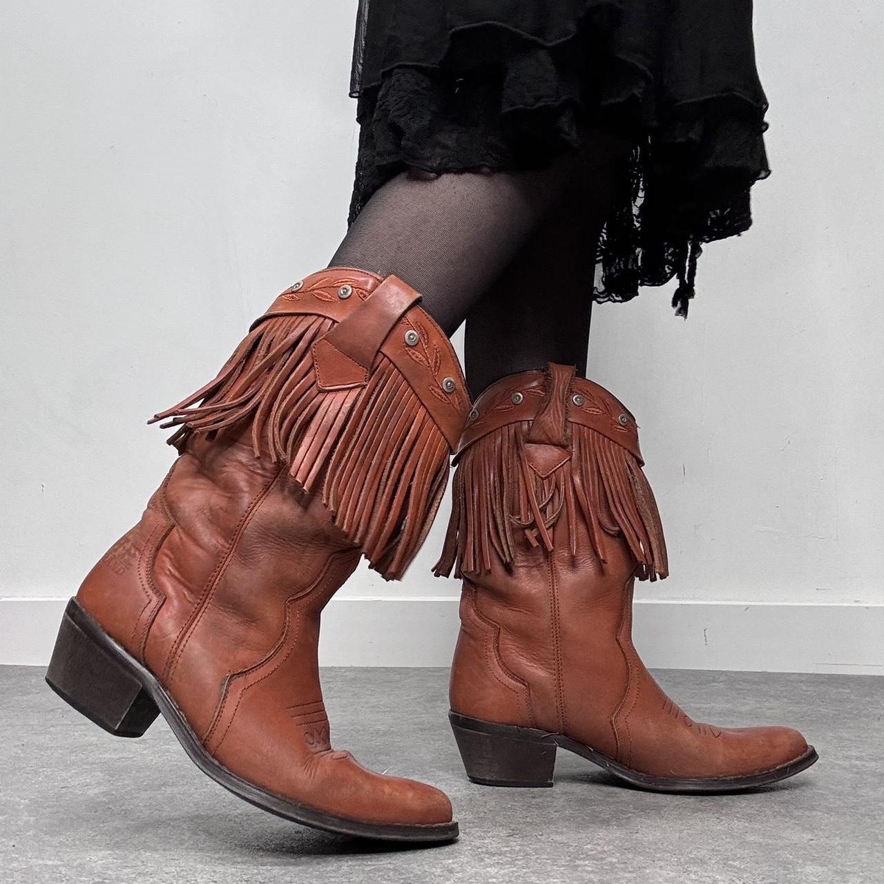 Tan leather fringe cowboy boots