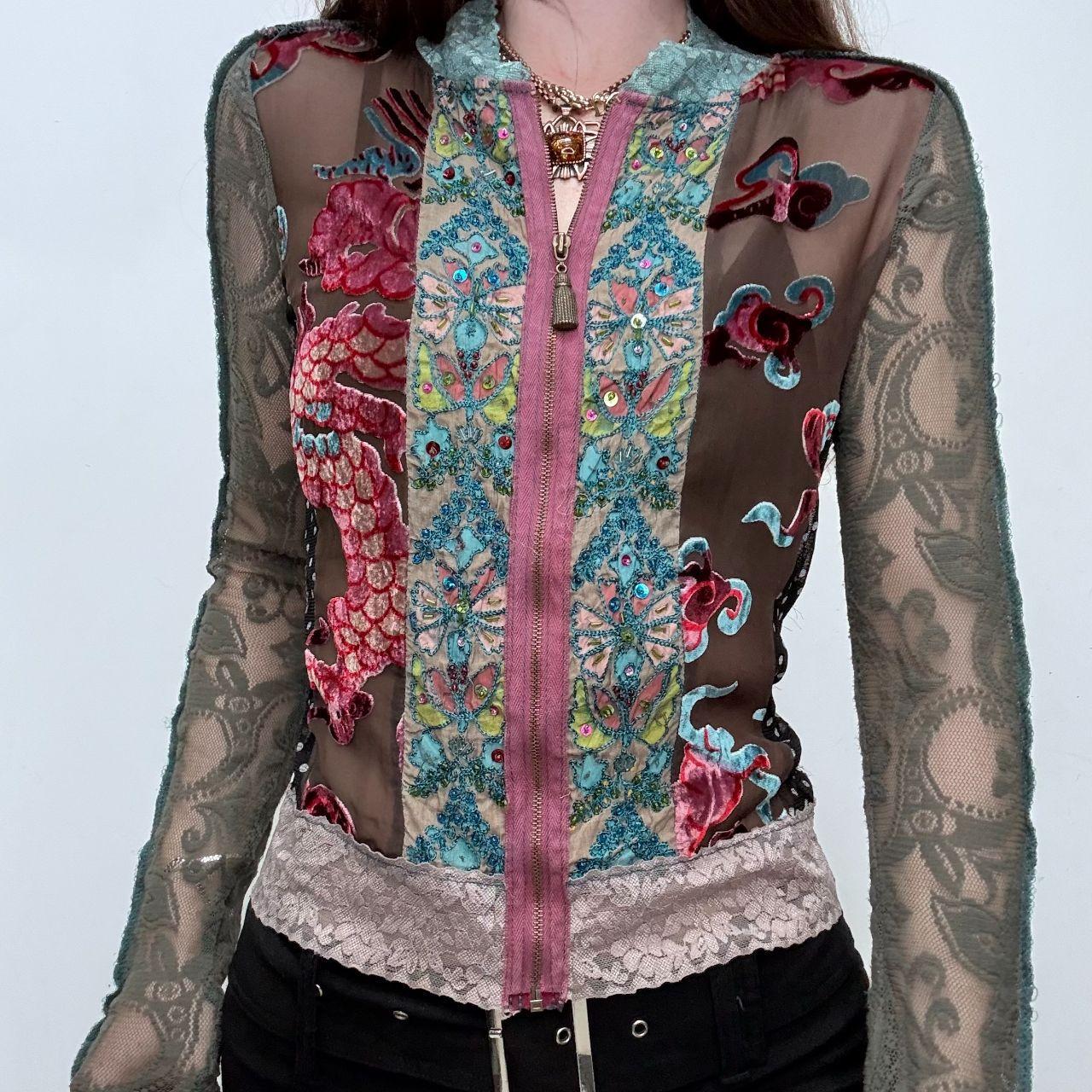 Floral lace fitted patchwork zip-shirt
