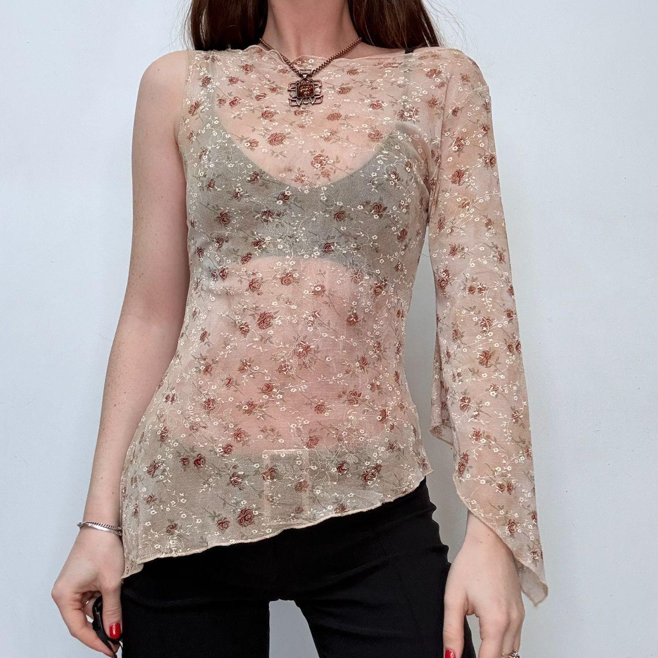 Asymmetric sheer flutter floral top