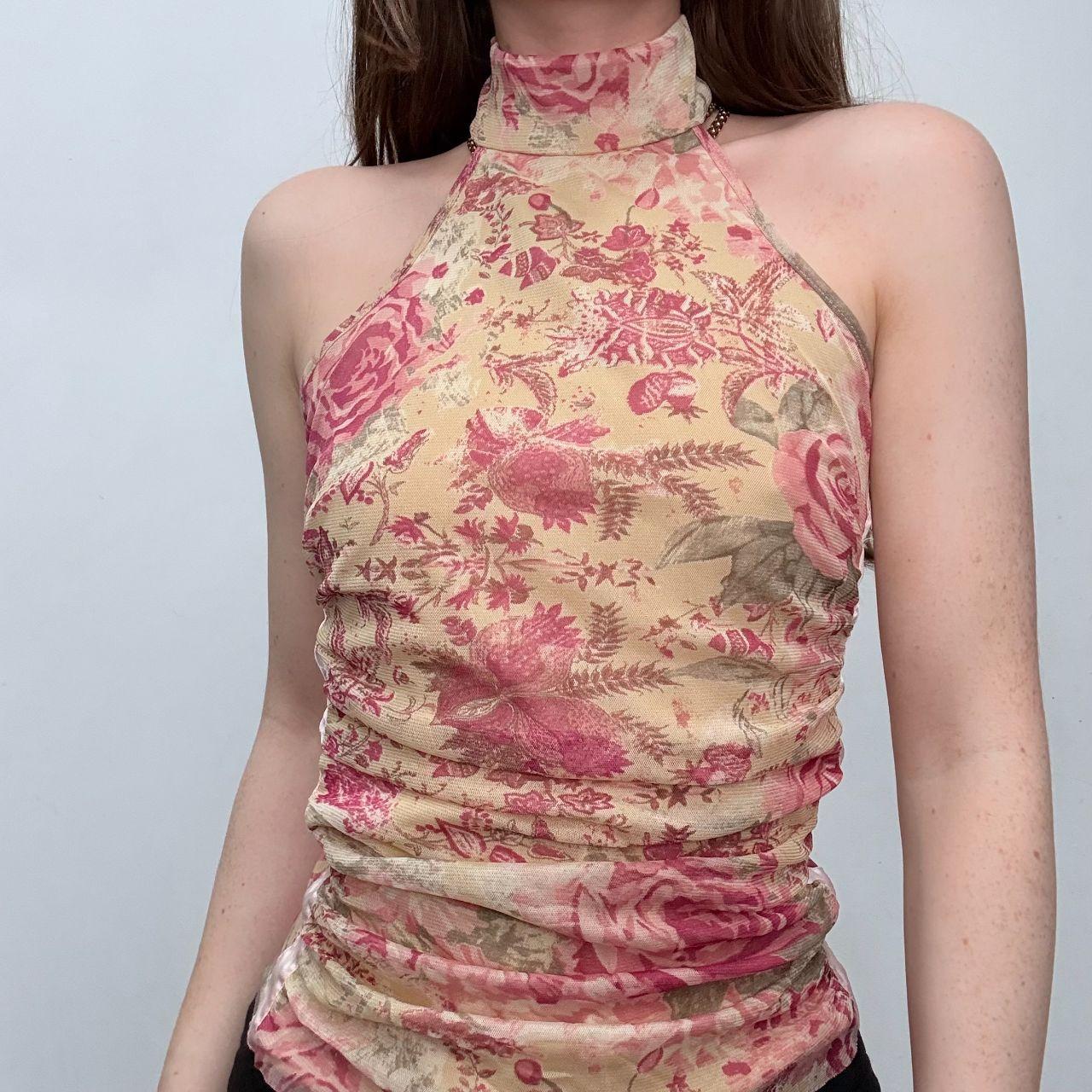 Sheer gathered mesh halter top