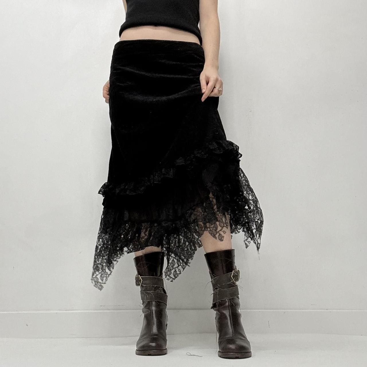 Black lace hem sheer gothic midi skirt