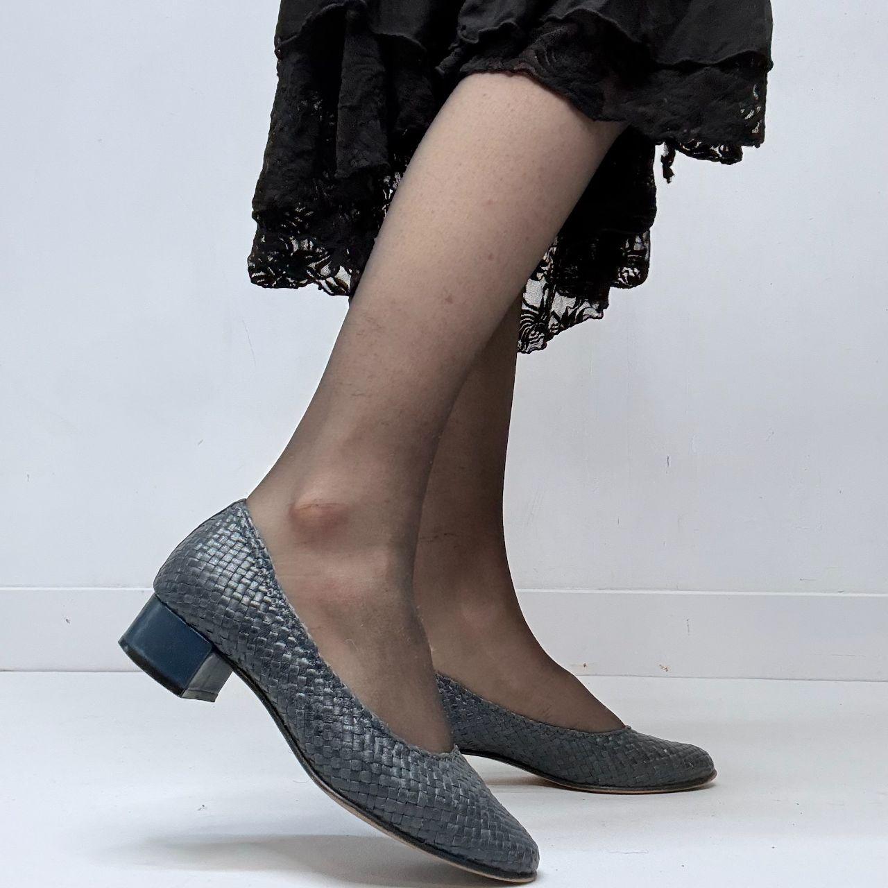 Navy woven leather heel ballet pumps