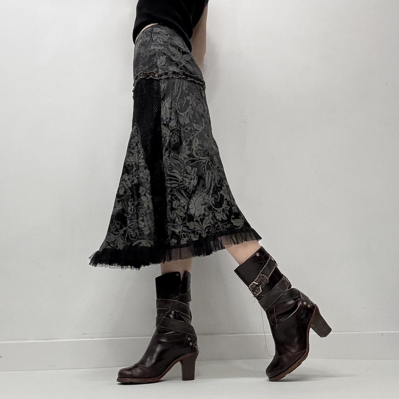 Black grunge baroque patterned midi skirt