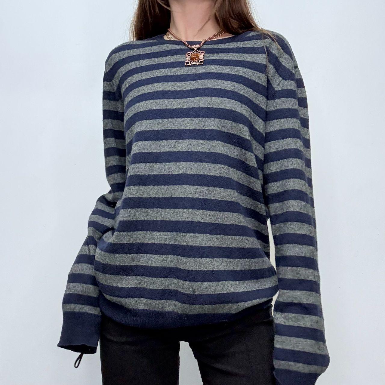Grey navy striped wool knit oversized jumper