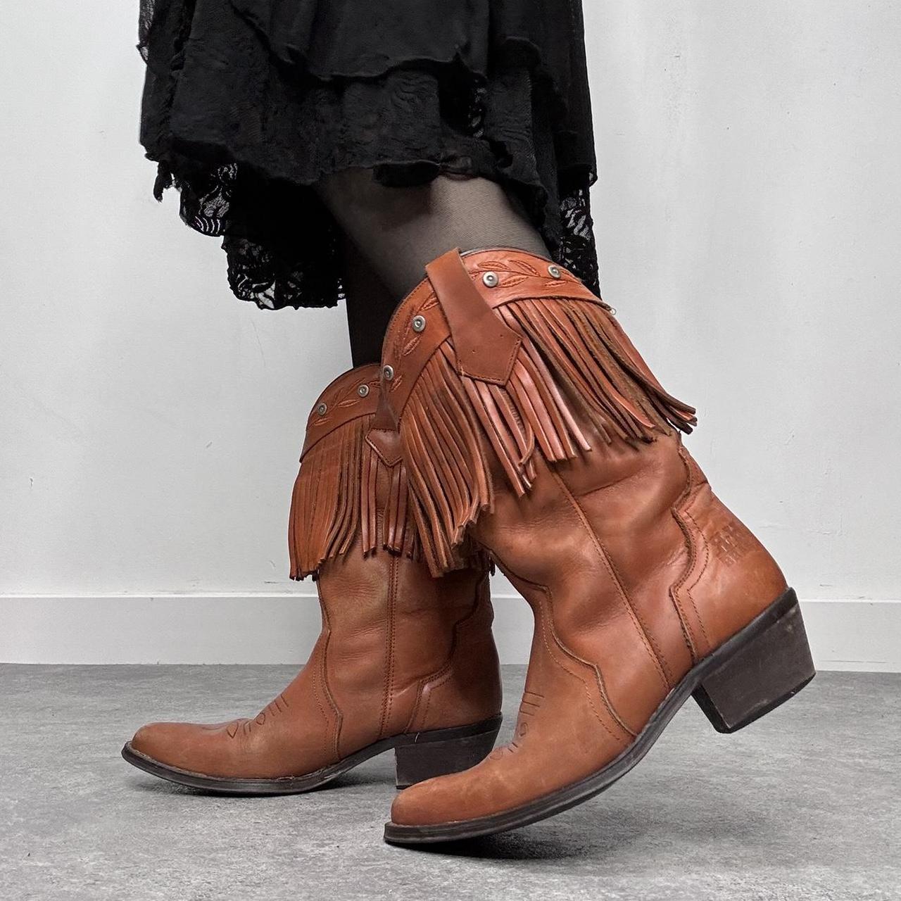 Tan leather fringe cowboy boots