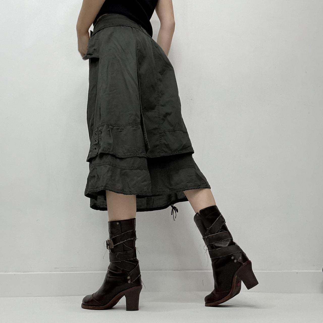 Khaki layered utility button midi skirt