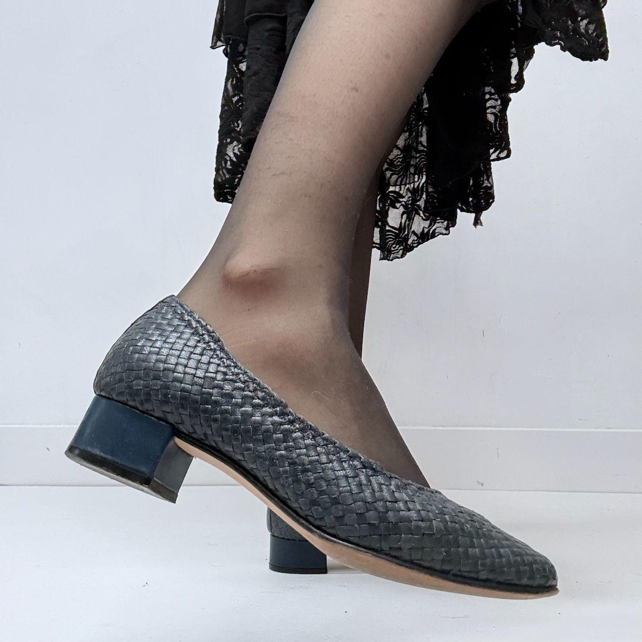 Navy woven leather heel ballet pumps
