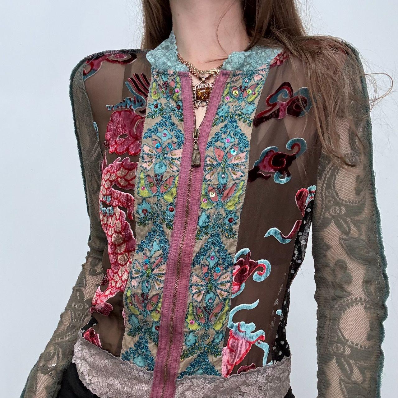 Floral lace fitted patchwork zip-shirt