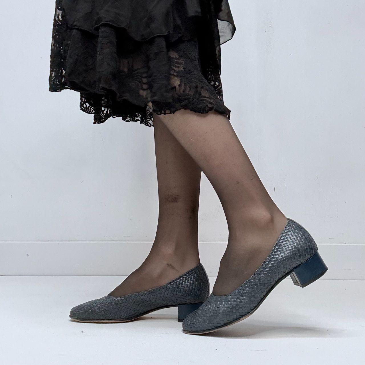 Navy woven leather heel ballet pumps