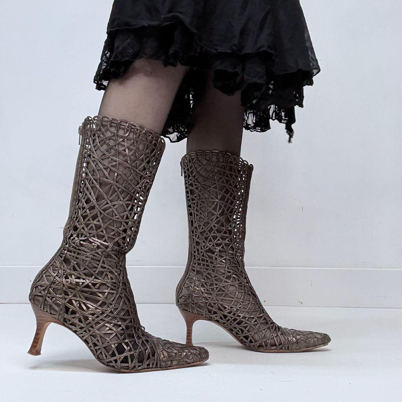 Woven sheer lace leather heel boots