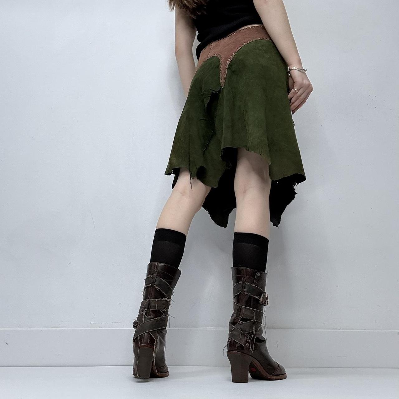Khaki green studded boho leather skirt belt