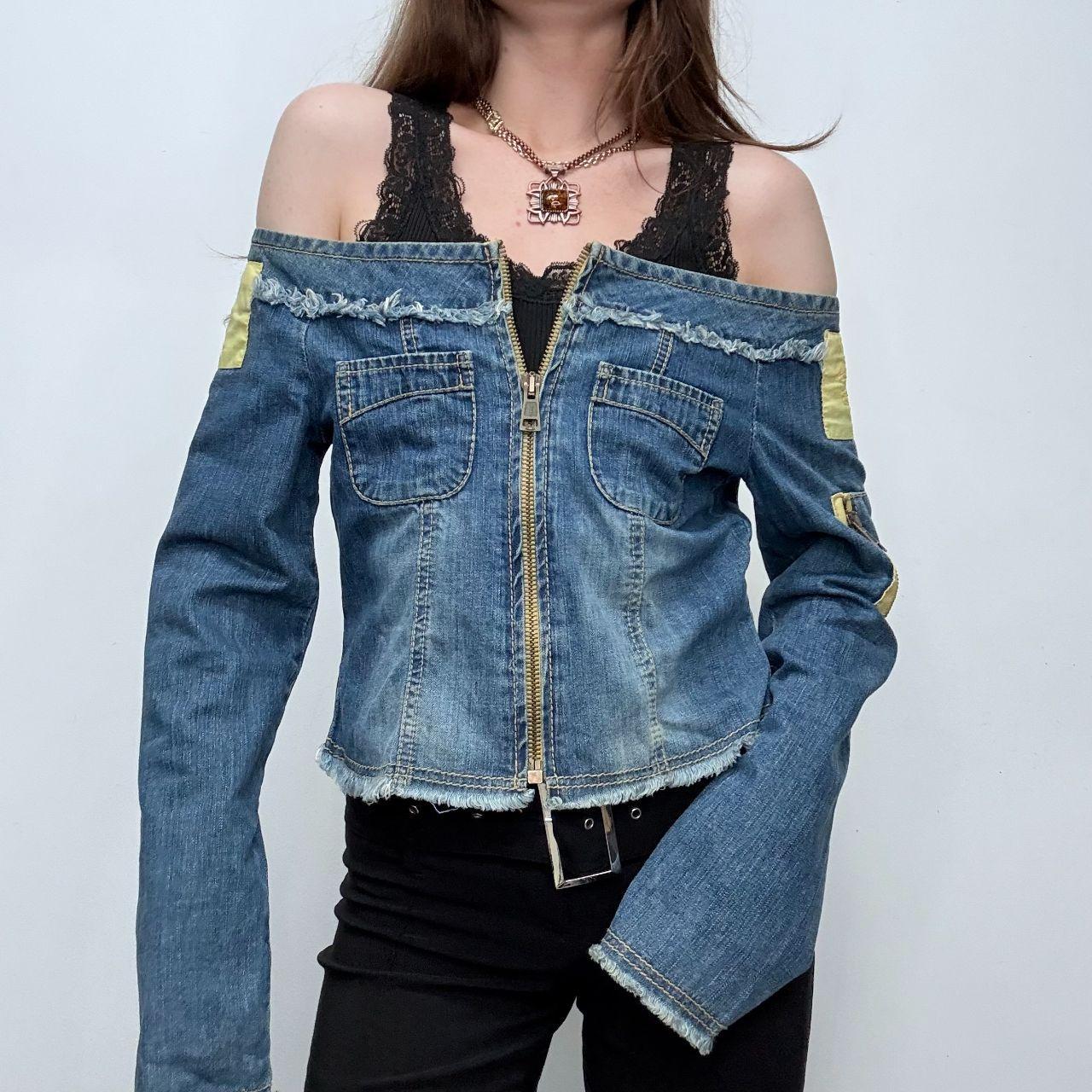Distressed denim off the shoulder utility jacket
