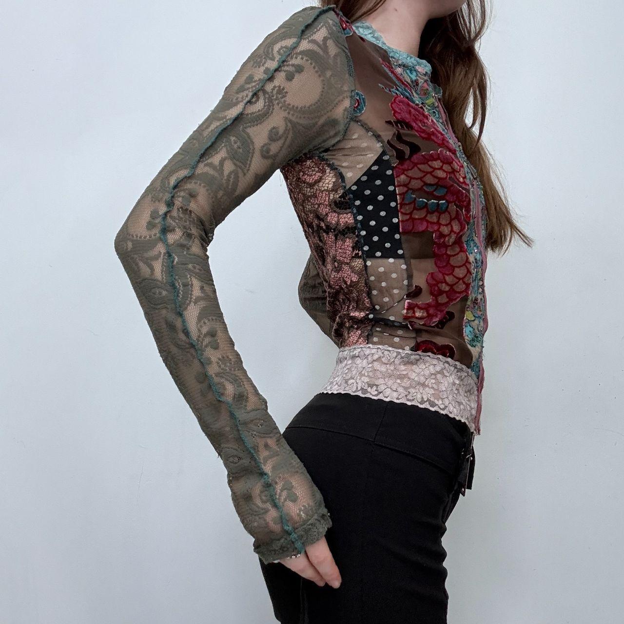 Floral lace fitted patchwork zip-shirt