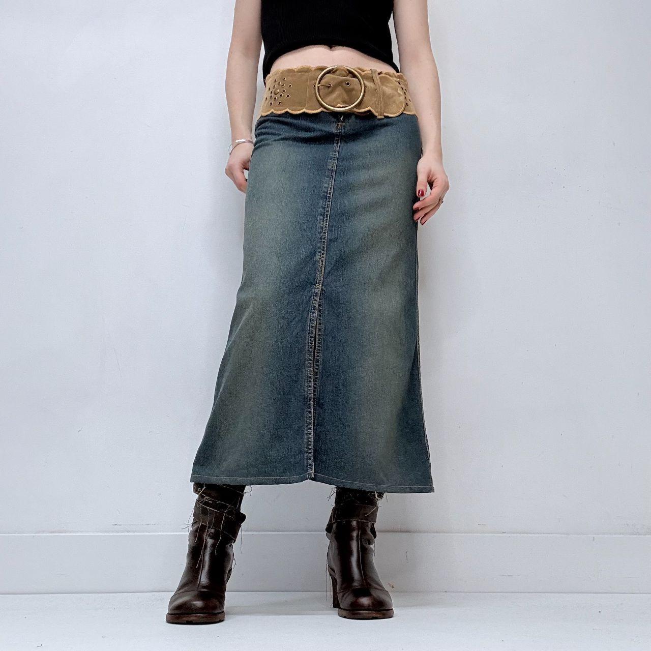 Chunky belted denim slit maxi skirt