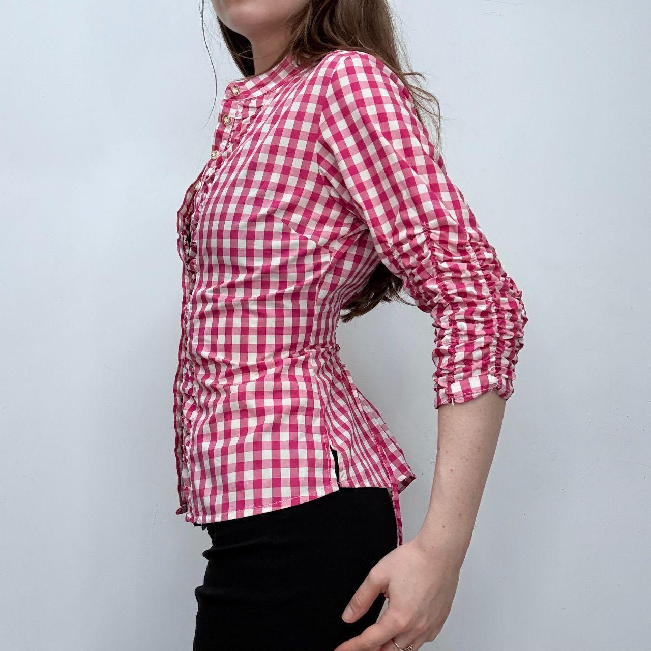 Pink tartan ruffle ruched shirt