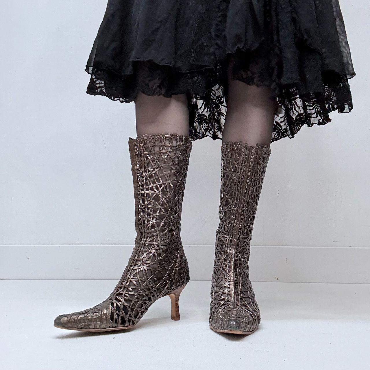 Woven sheer lace leather heel boots