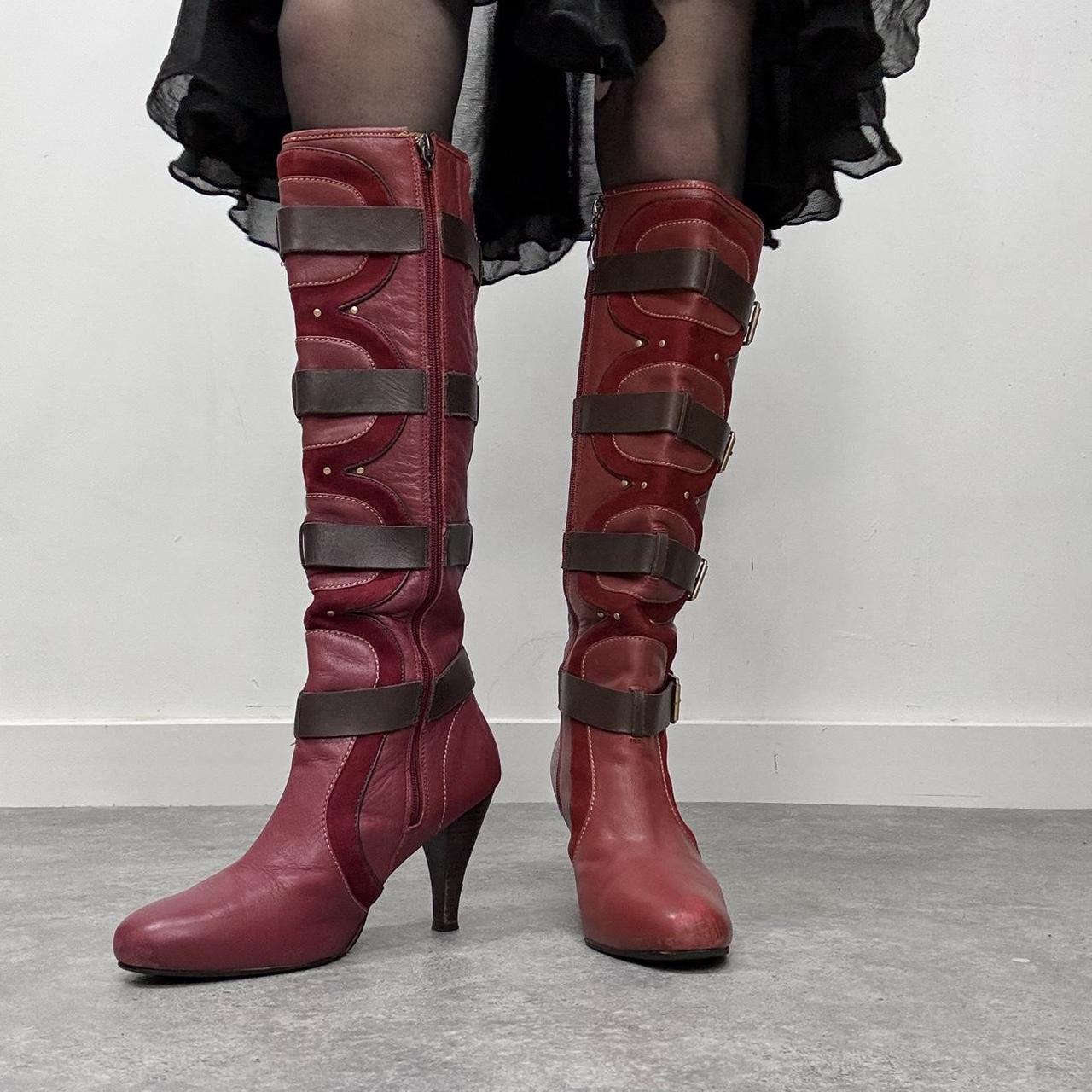 Red leather heel buckle boots