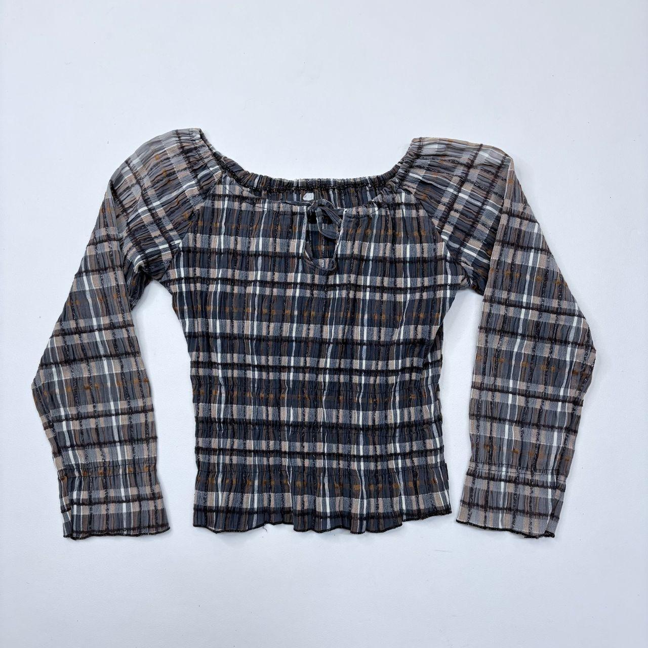 Gingham checked crinkle off the shoulder shirt