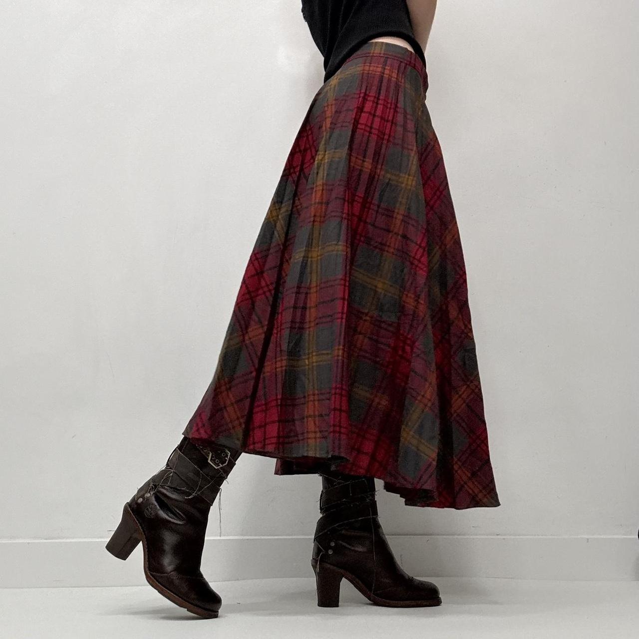 Red pleated tartan maxi skirt