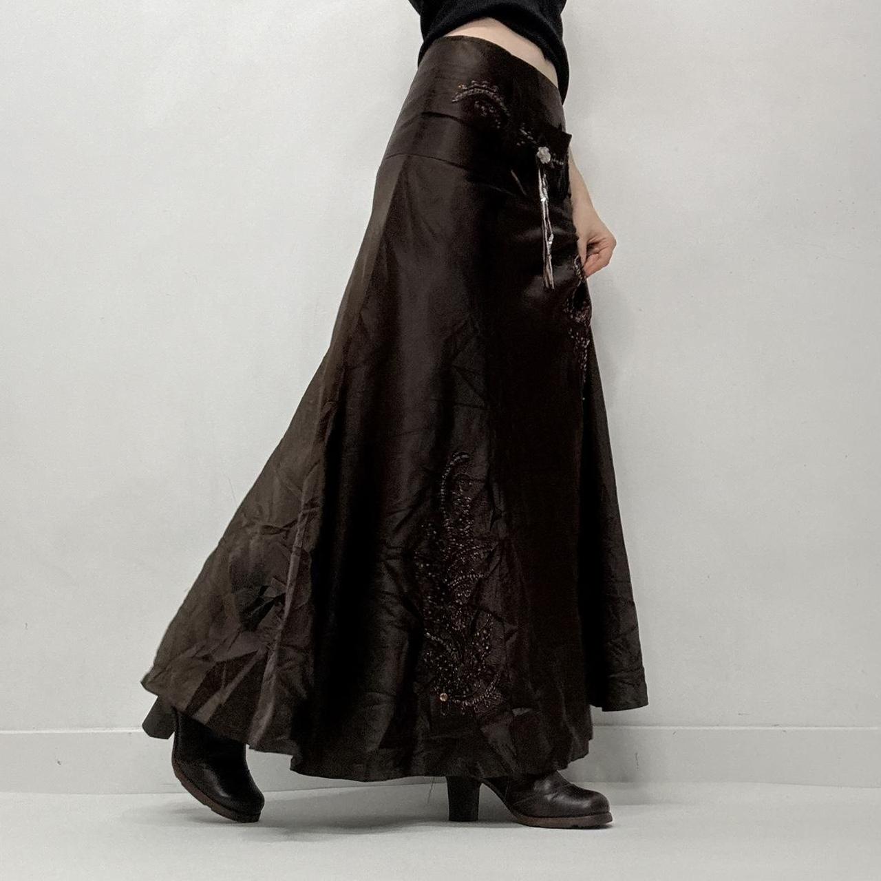 Brown flared satin maxi skirt