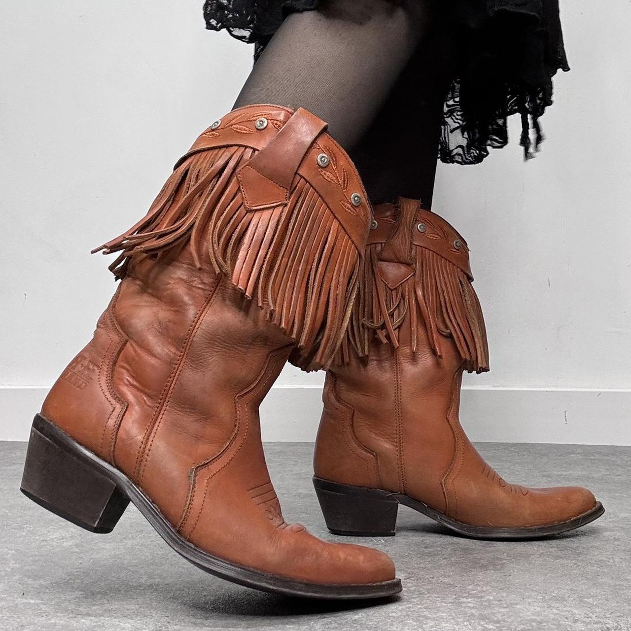 Tan leather fringe cowboy boots