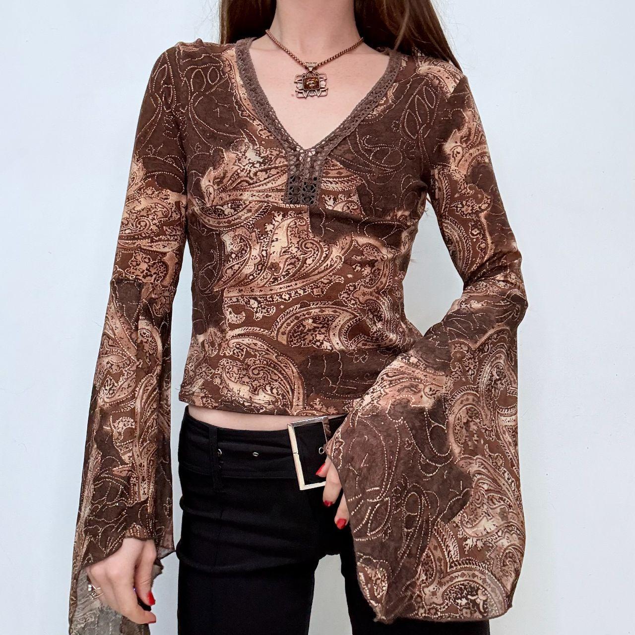 Brown flutter flared bell sleeve blouse
