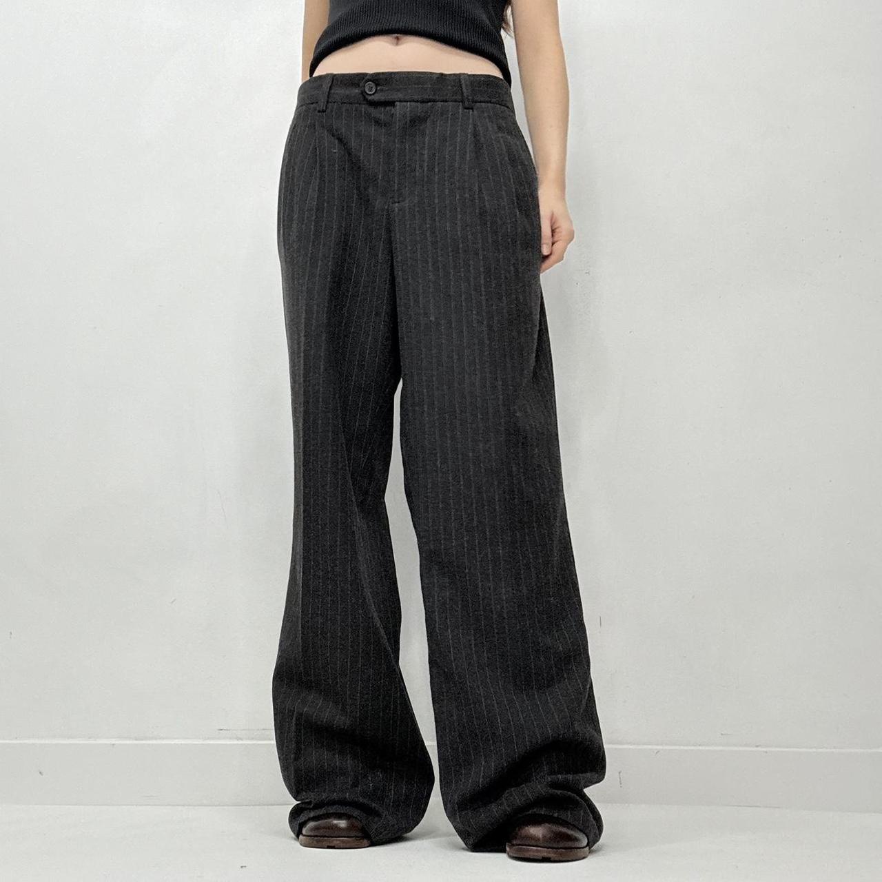 Grey pleated pinstripe wide-leg trousers