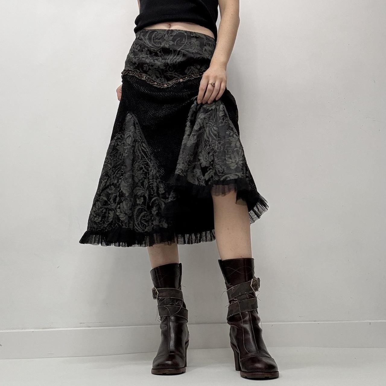 Black grunge baroque patterned midi skirt