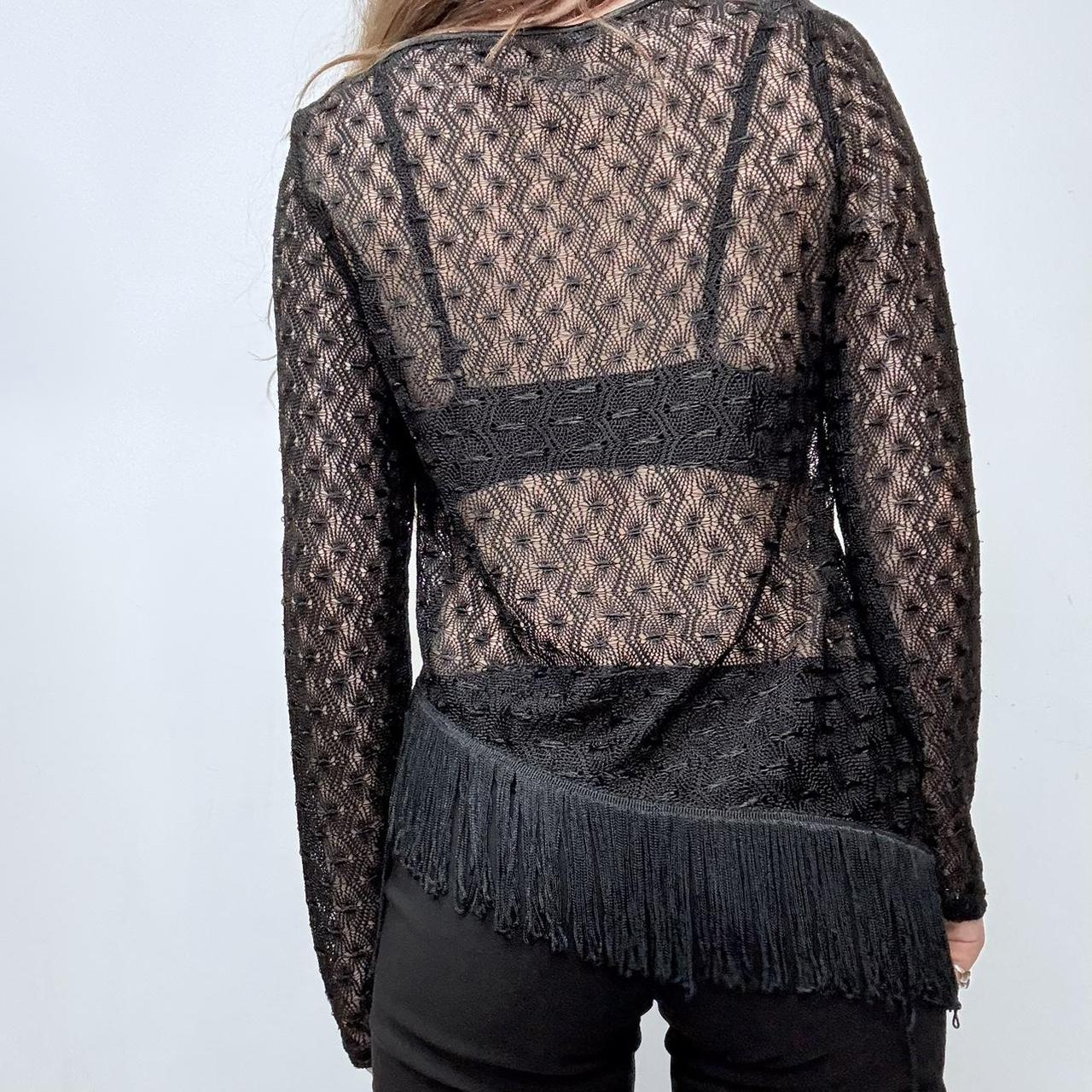 Black sheer crochet lace tassel top