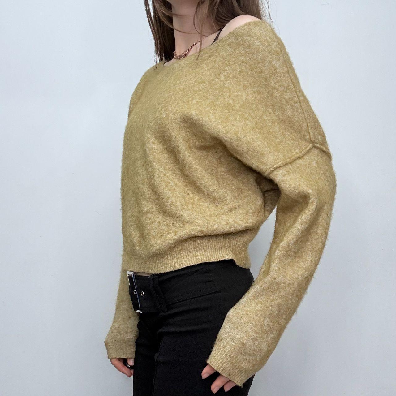 Green off the shoulder slash neck wool jumper