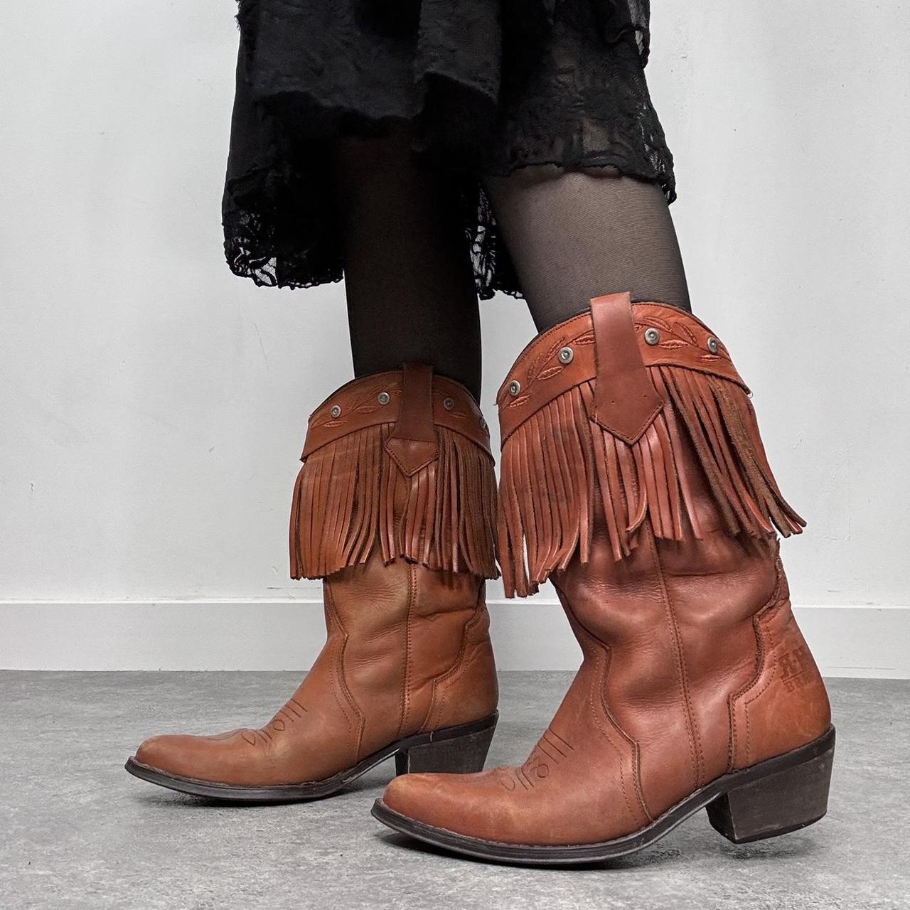 Tan leather fringe cowboy boots