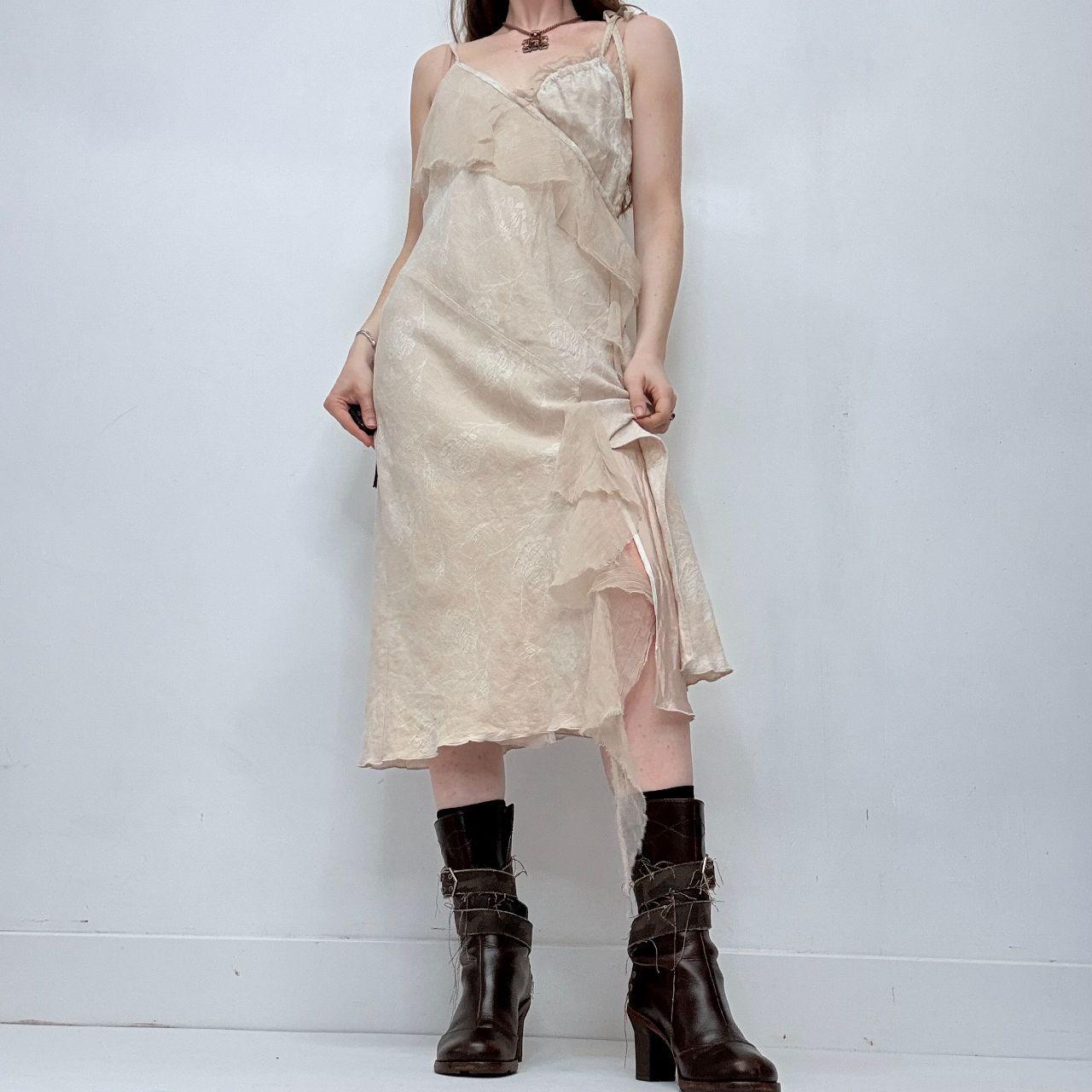 Asymmetric tan flutter midi dress