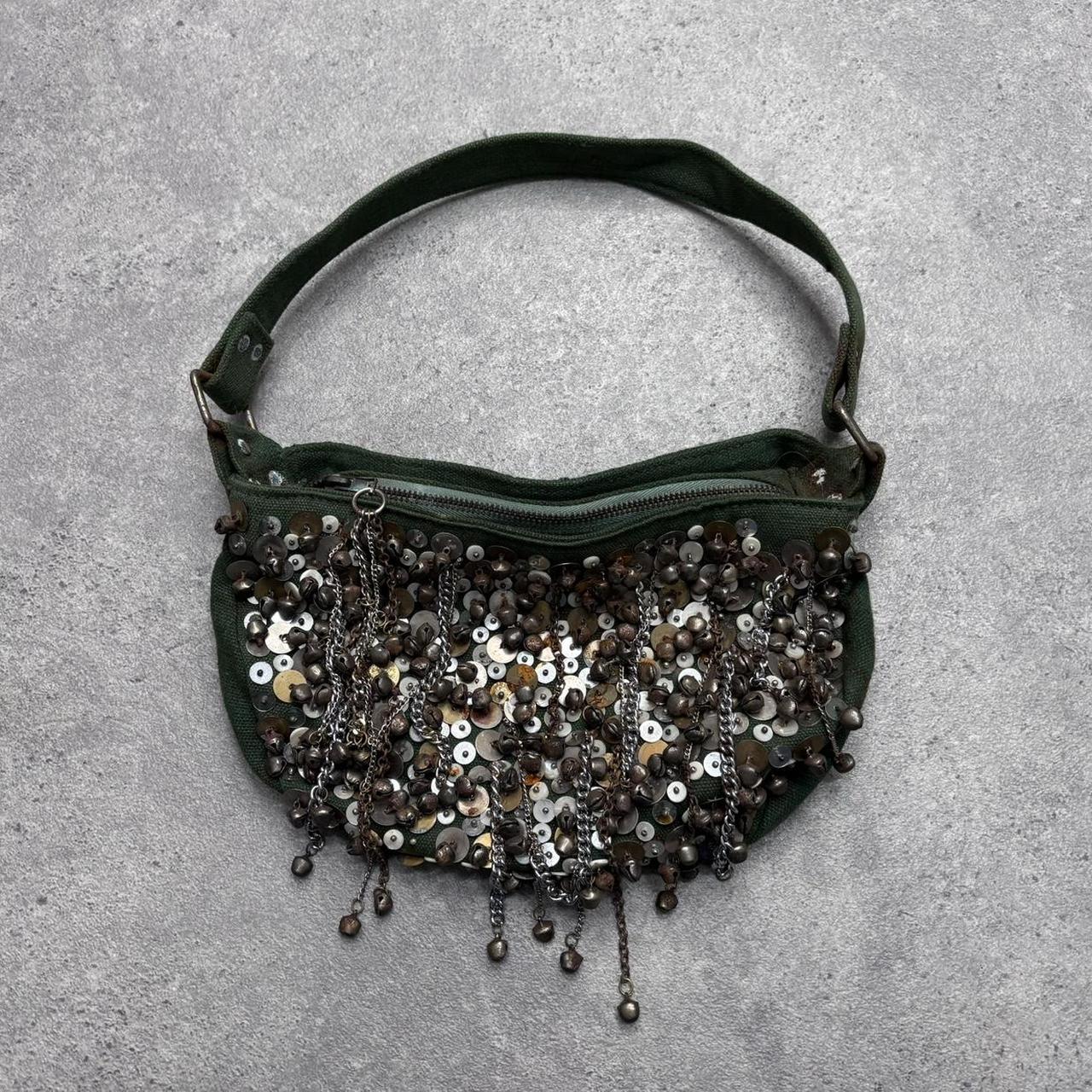 Green studded chain slouchy shoulder bag