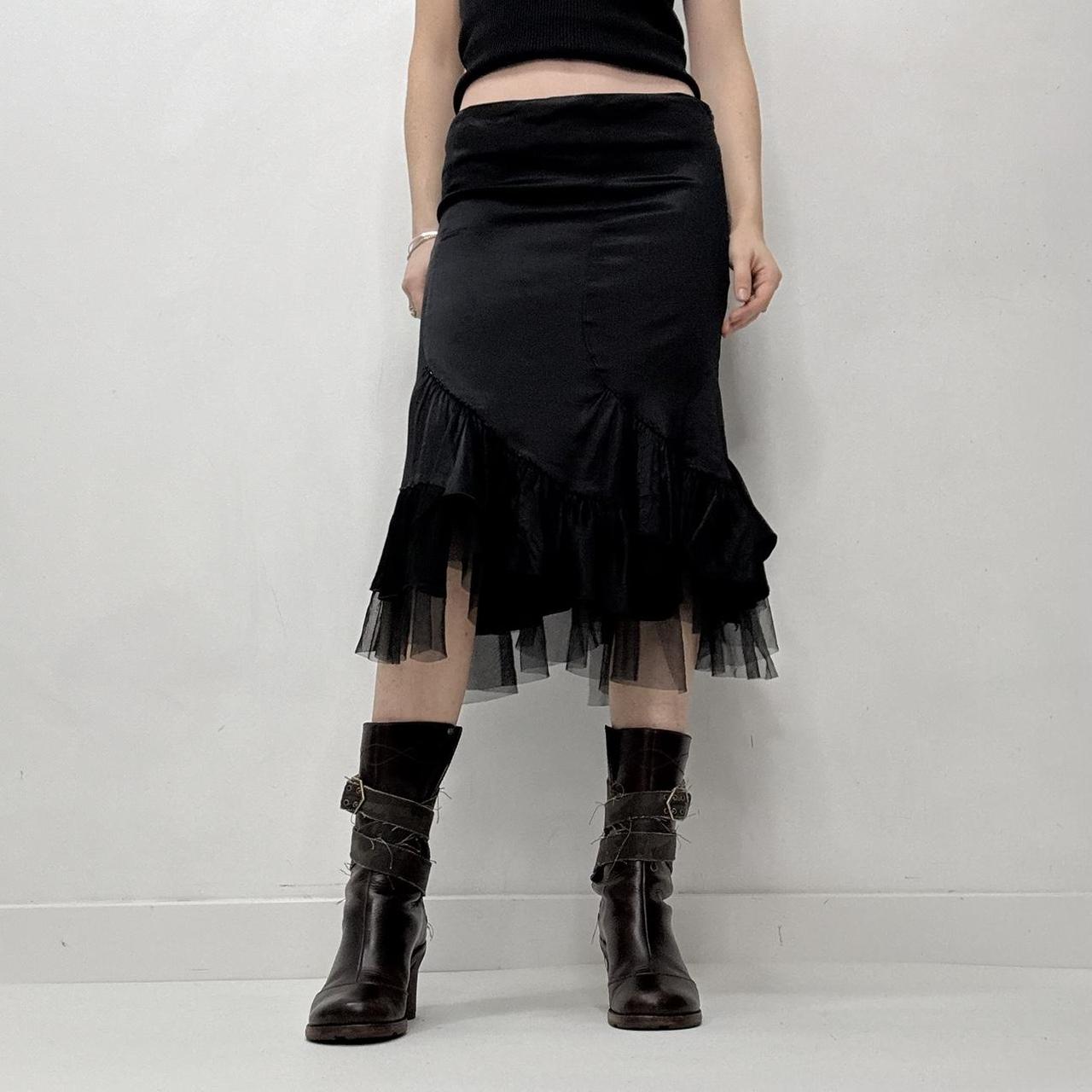 Black satin mesh ruffle skirt