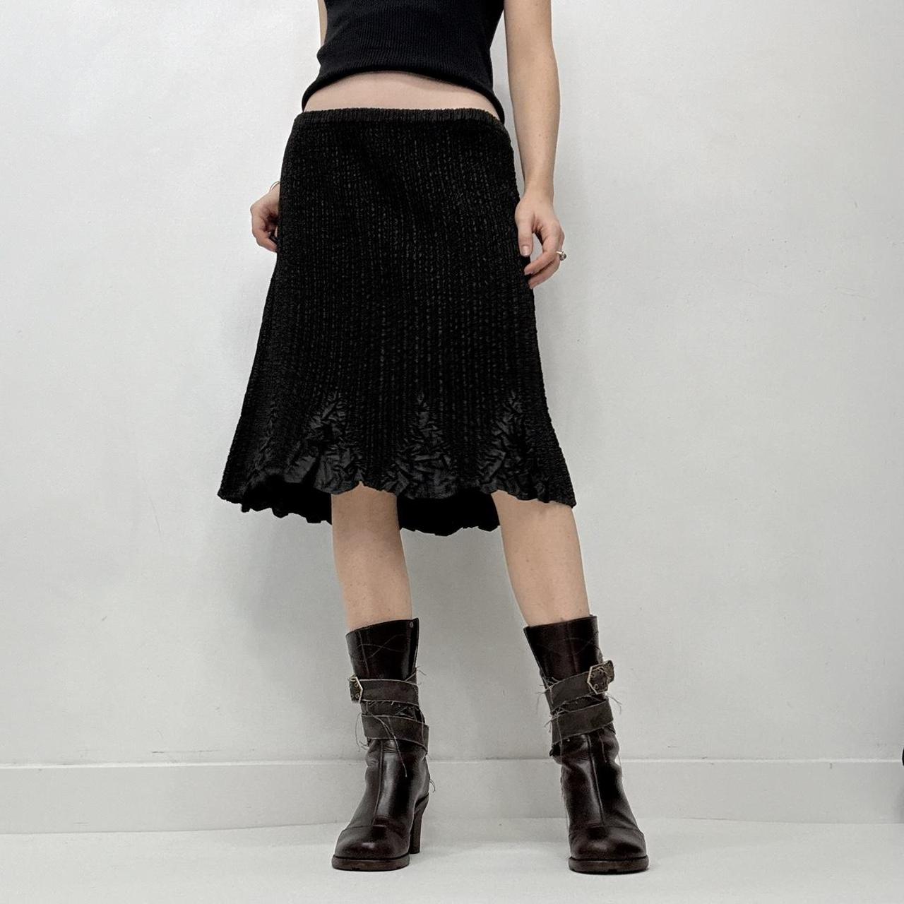 Black crinkle plisse midi skirt