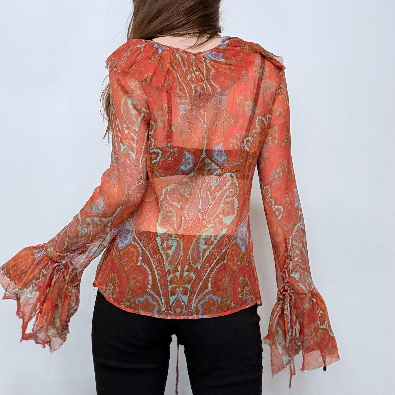 Paisley sheer silk flared ruffle shirt