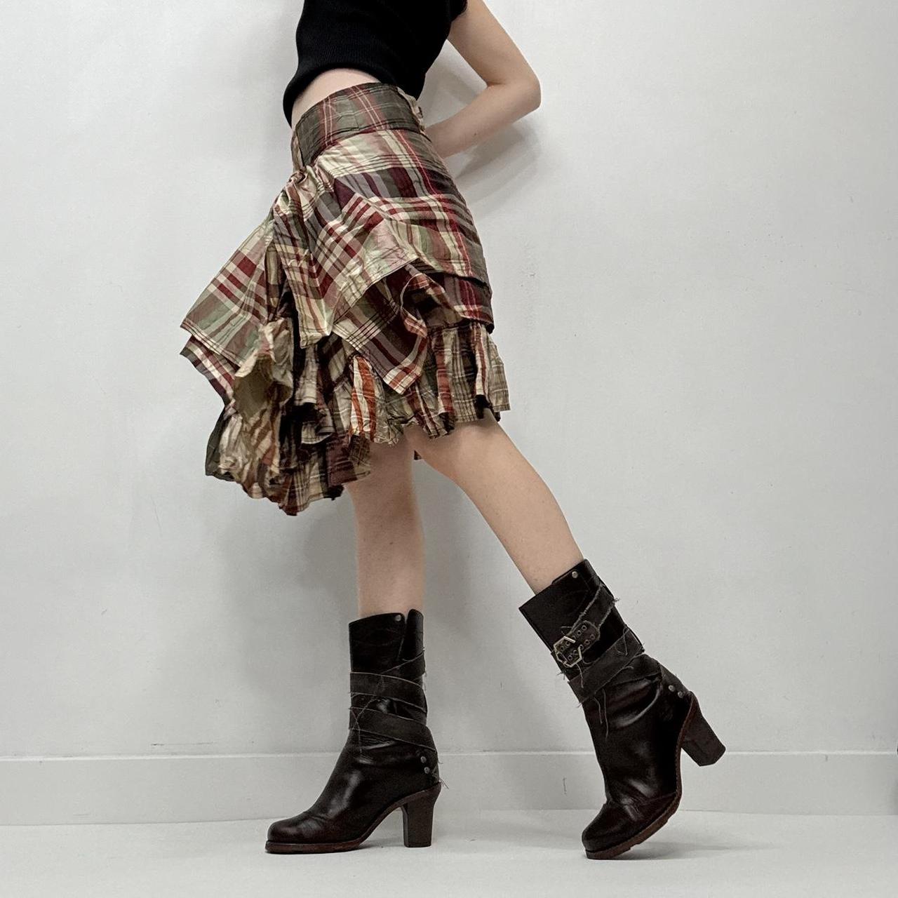 Checked tartan asymmetric ruffle layered skirt