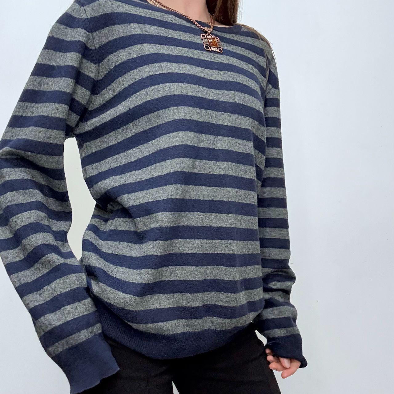 Grey navy striped wool knit oversized jumper