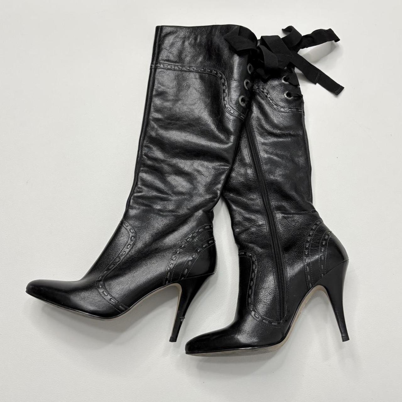 Black bow heel brogue boots