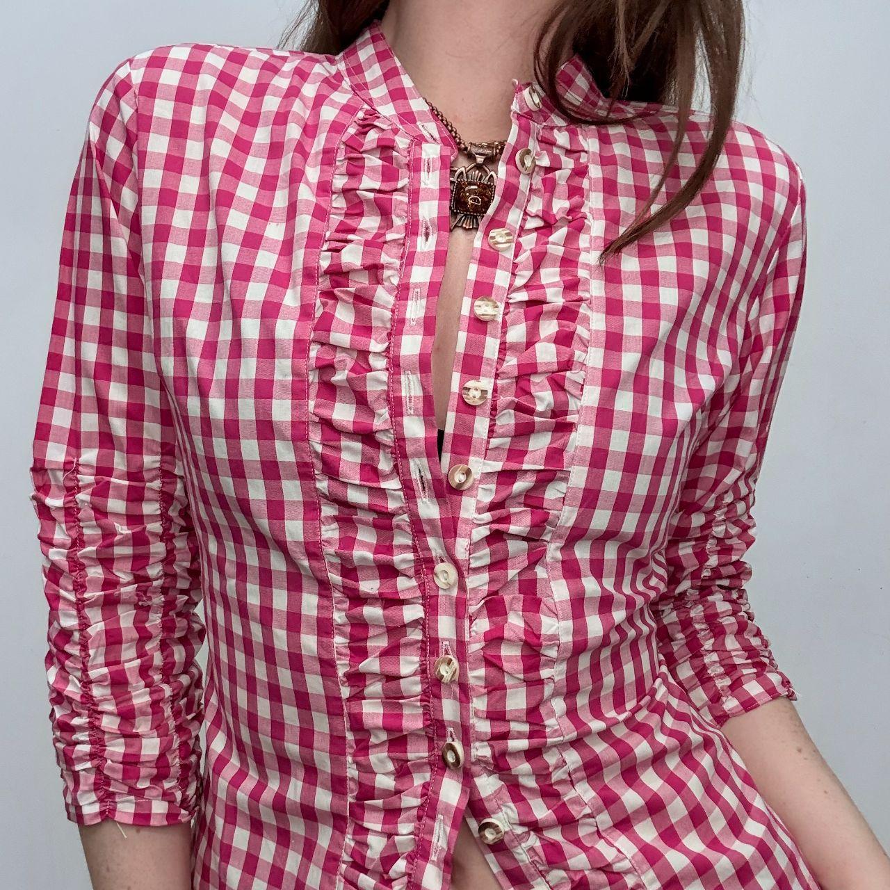 Pink tartan ruffle ruched shirt