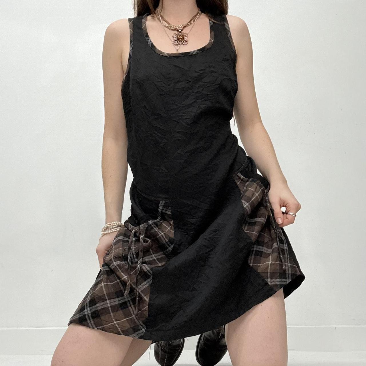 Black tartan puff mini dress