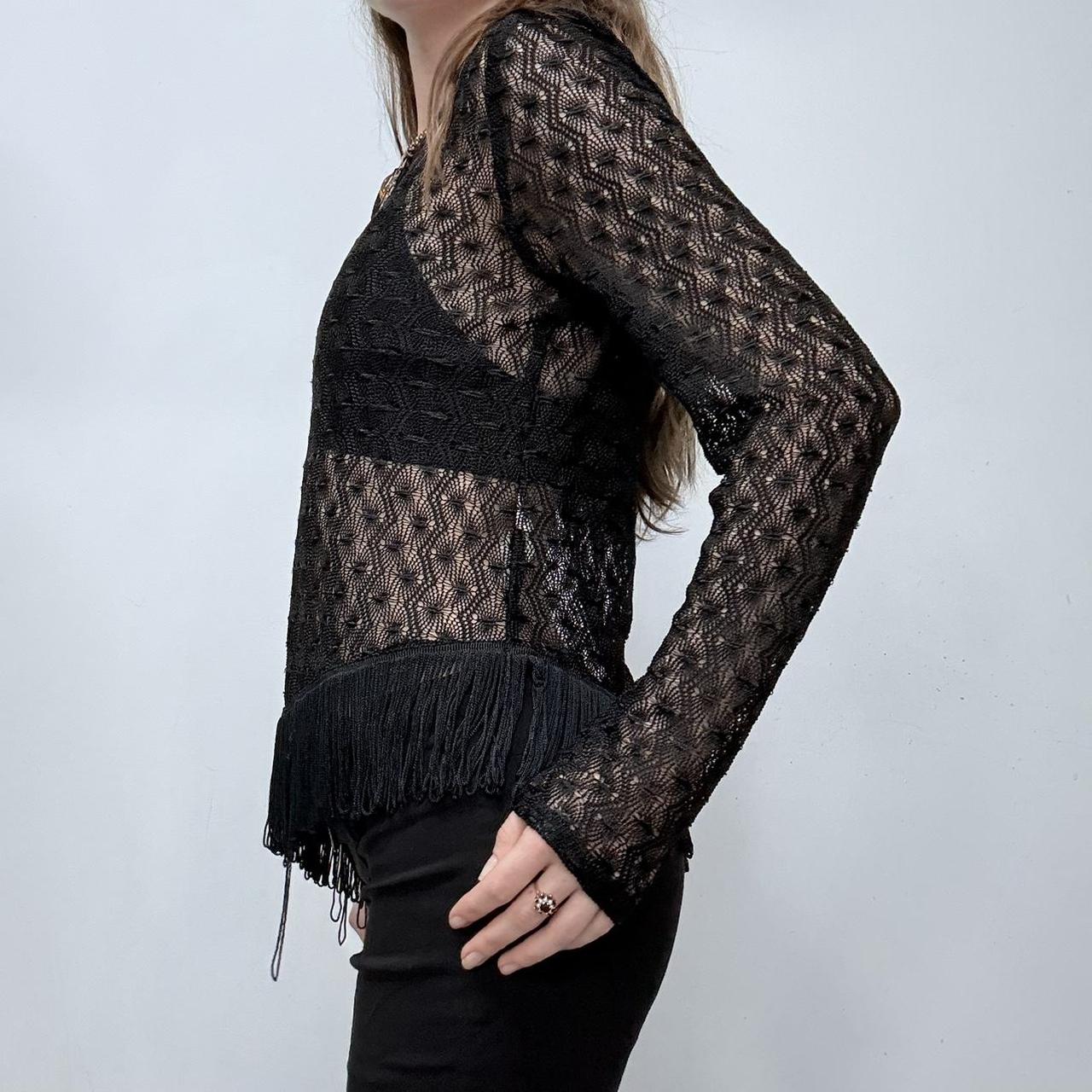 Black sheer crochet lace tassel top