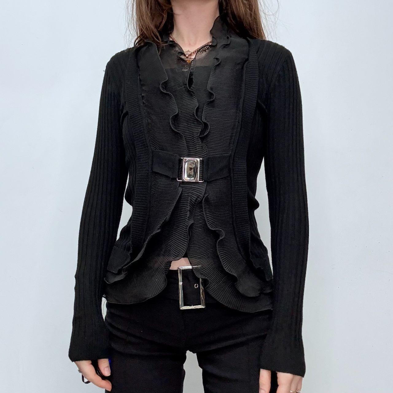 Black pleated ruffle shirt ribbed cardi