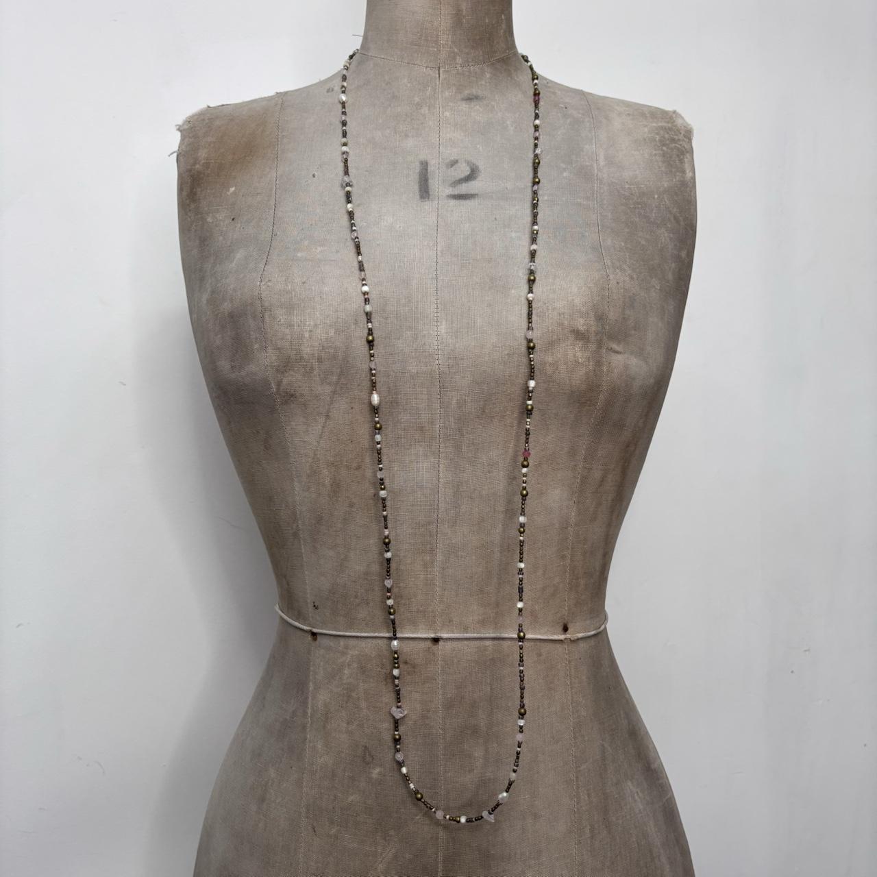 Long wrap pearl metal necklace