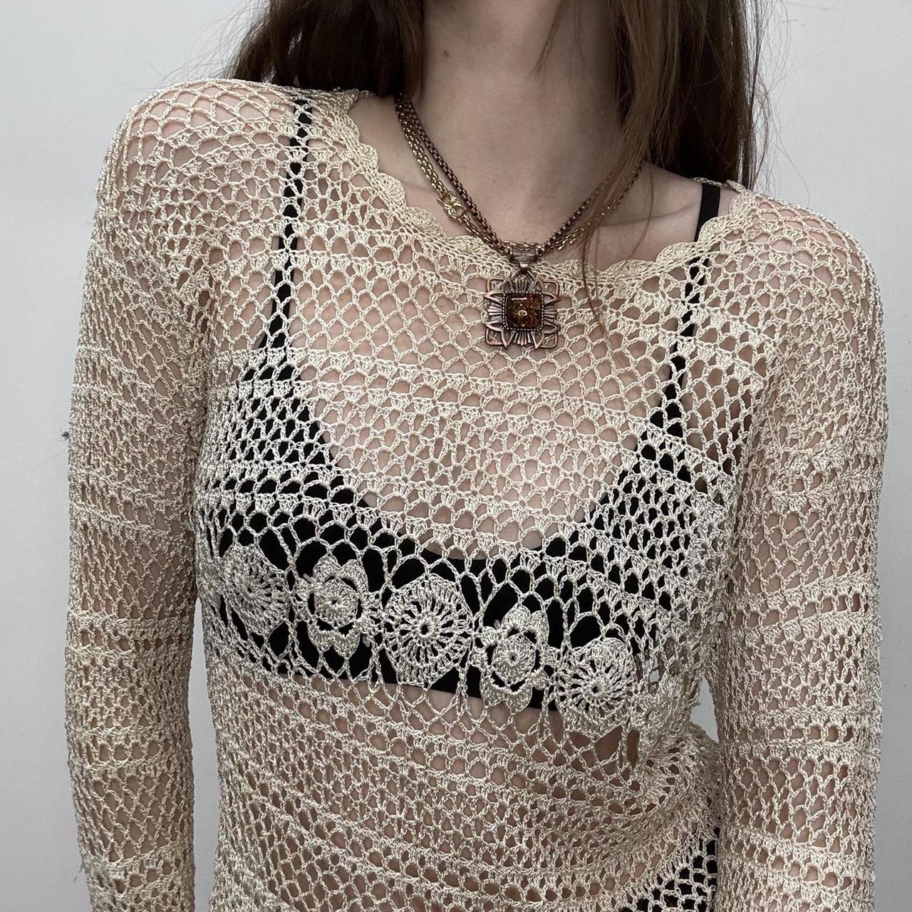 Sheer cream lace knit crochet top